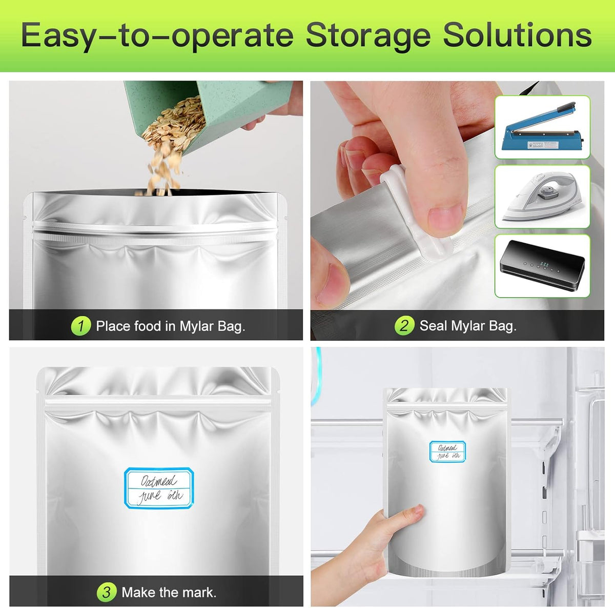 100PCS Mylar Bags with 400Cc Oxygen Absorbers, 11.8 Mil Thicker Long Term Food Storage Bag, 1 Gallon 10X14 6X9 4X6 Stand-Up Zipper Resealable Heat Sealable for Airtight Smell Proof Packaging