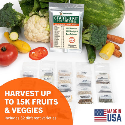 15,000 Heirloom Seeds Non GMO Vegetable and Fruit Seeds for Planting Outdoor & Indoor - 32 Variety Pack of Survival Garden Seeds