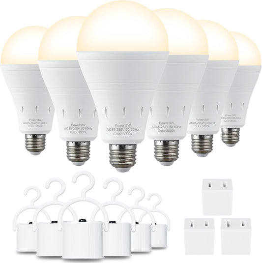 6 Pack Rechargeable Emergency Light Bulbs, Battery Powered LED Light Bulb 3000K Warm E26 120 Volt 9W 60W Equivalent with 1200Mah for Home Power Outage Camping Hurricane