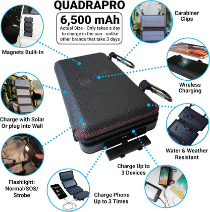 Quadrapro Solar Charger Power Bank - 5.5W 4-Panel Portable Wireless Phone Charger - Compatible with Iphone, Android, 2 USB Port, Flashlight, Magnetic Case, Hanging Loops - Battery Backup