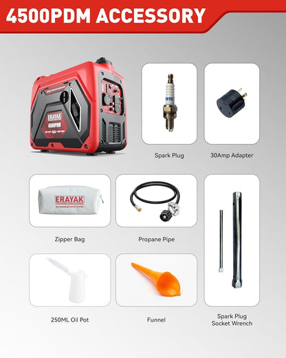 4500W Dual-Fuel Portable Inverter Generator for Home Use, Camping Outdoor, 30A RV Ready, Auto Switch, Gas and Propane Powered, EPA, CO Sensor, Parallel Ready, Campact Design