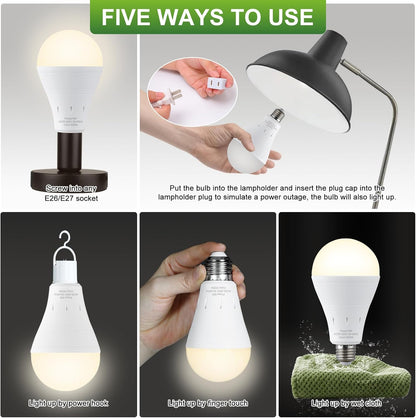 6 Pack Rechargeable Emergency Light Bulbs, Battery Powered LED Light Bulb 3000K Warm E26 120 Volt 9W 60W Equivalent with 1200Mah for Home Power Outage Camping Hurricane