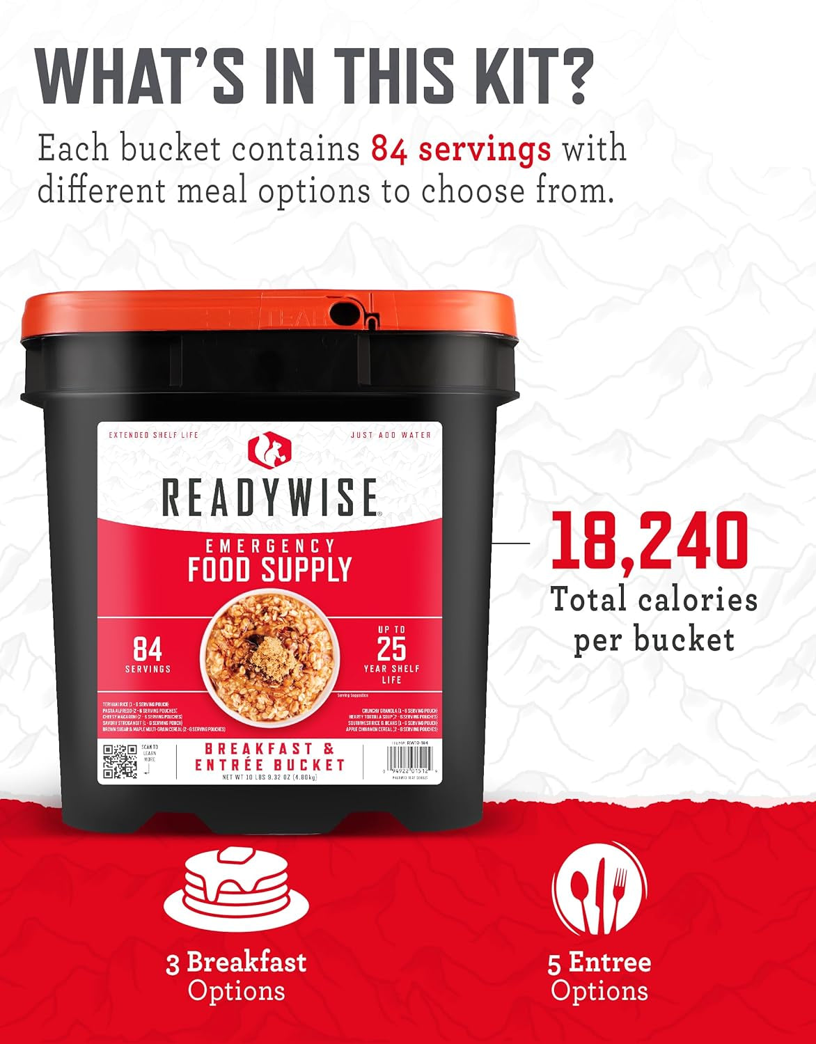 Emergency Food Supply - 84 Servings Breakfast & Entrée Bucket, Protein Meals, Dehydrated & Freeze Dried Food for Backpacking, Camping Essentials & Prepping Supplies, up to 25 Year Shelf Life