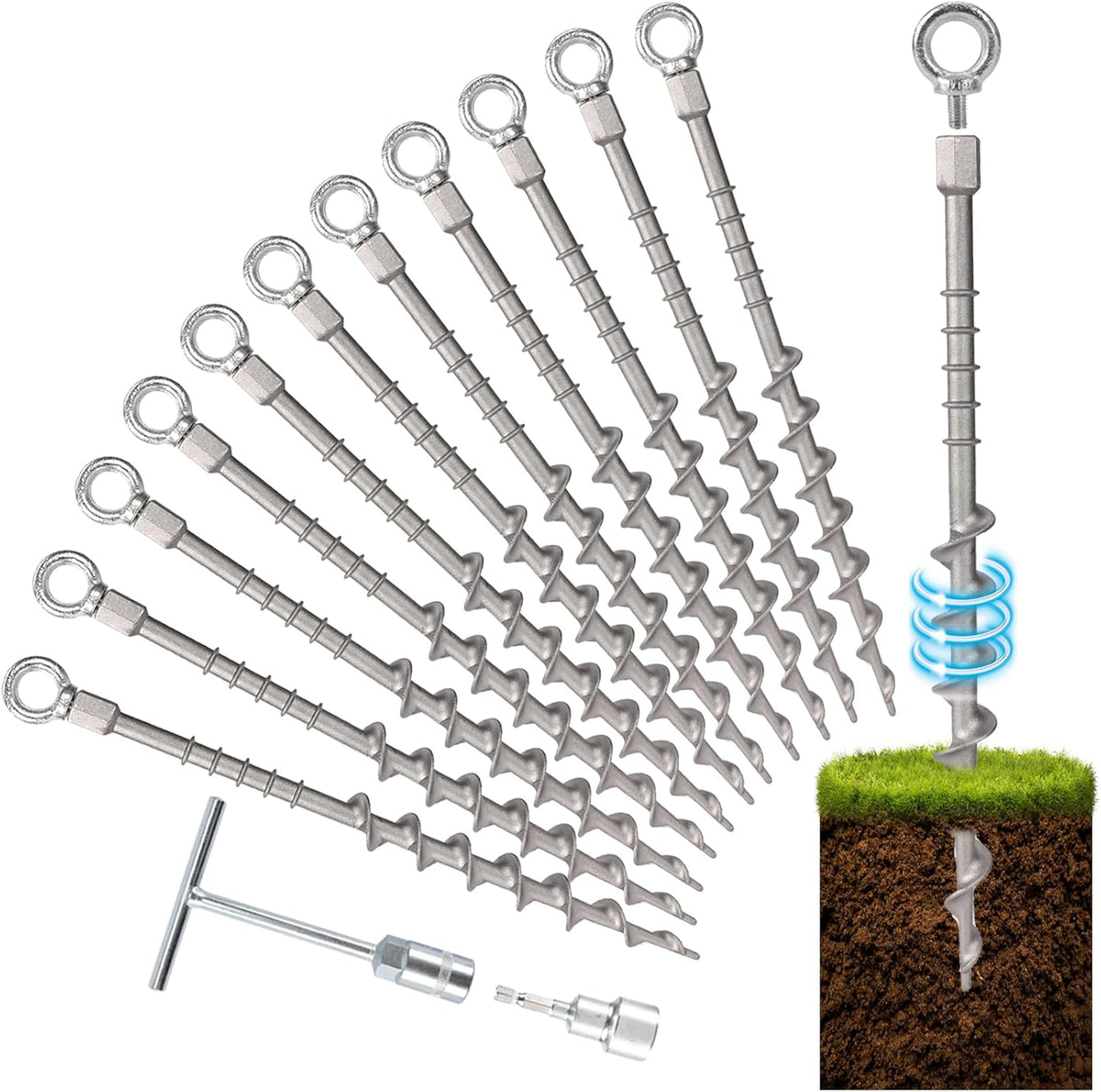 Secure Your Outdoor Adventures with 12 Pcs 14" Detachable Ground Anchors - Non-Rust Aluminum Tent Stakes for Camping, Trampolines, and More