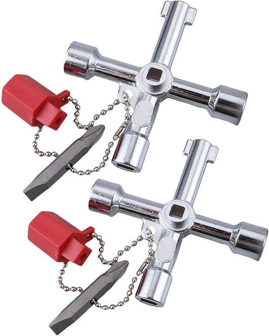 4 Way Sillcock Key Set, Equipped with Bits,Multi Functional Water Key, Cross Key,Water Shut off Tool, Water Spigot Key, Suitable for Valve, Faucet and Spigots, Pack of 2