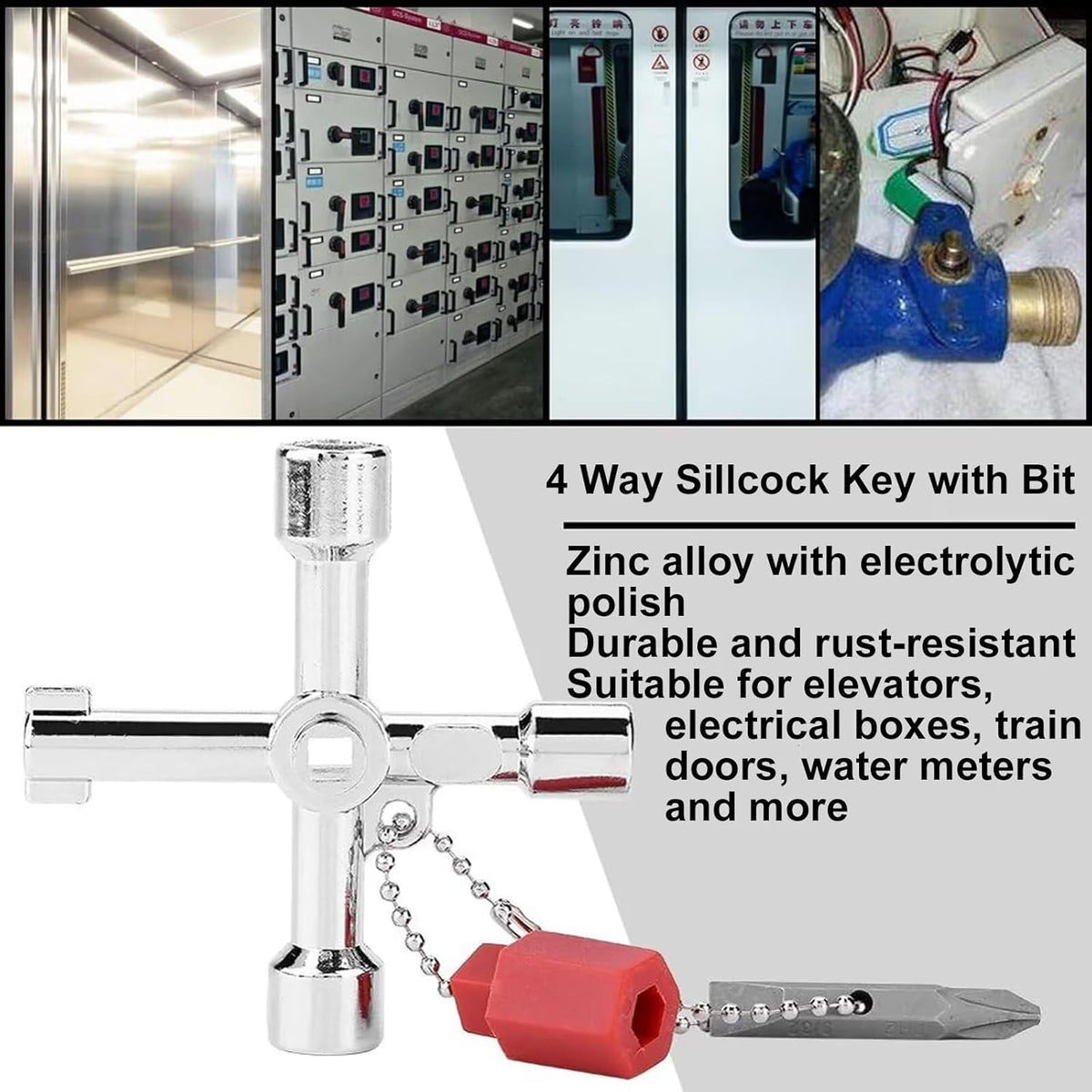 4 Way Sillcock Key Set, Equipped with Bits,Multi Functional Water Key, Cross Key,Water Shut off Tool, Water Spigot Key, Suitable for Valve, Faucet and Spigots, Pack of 2