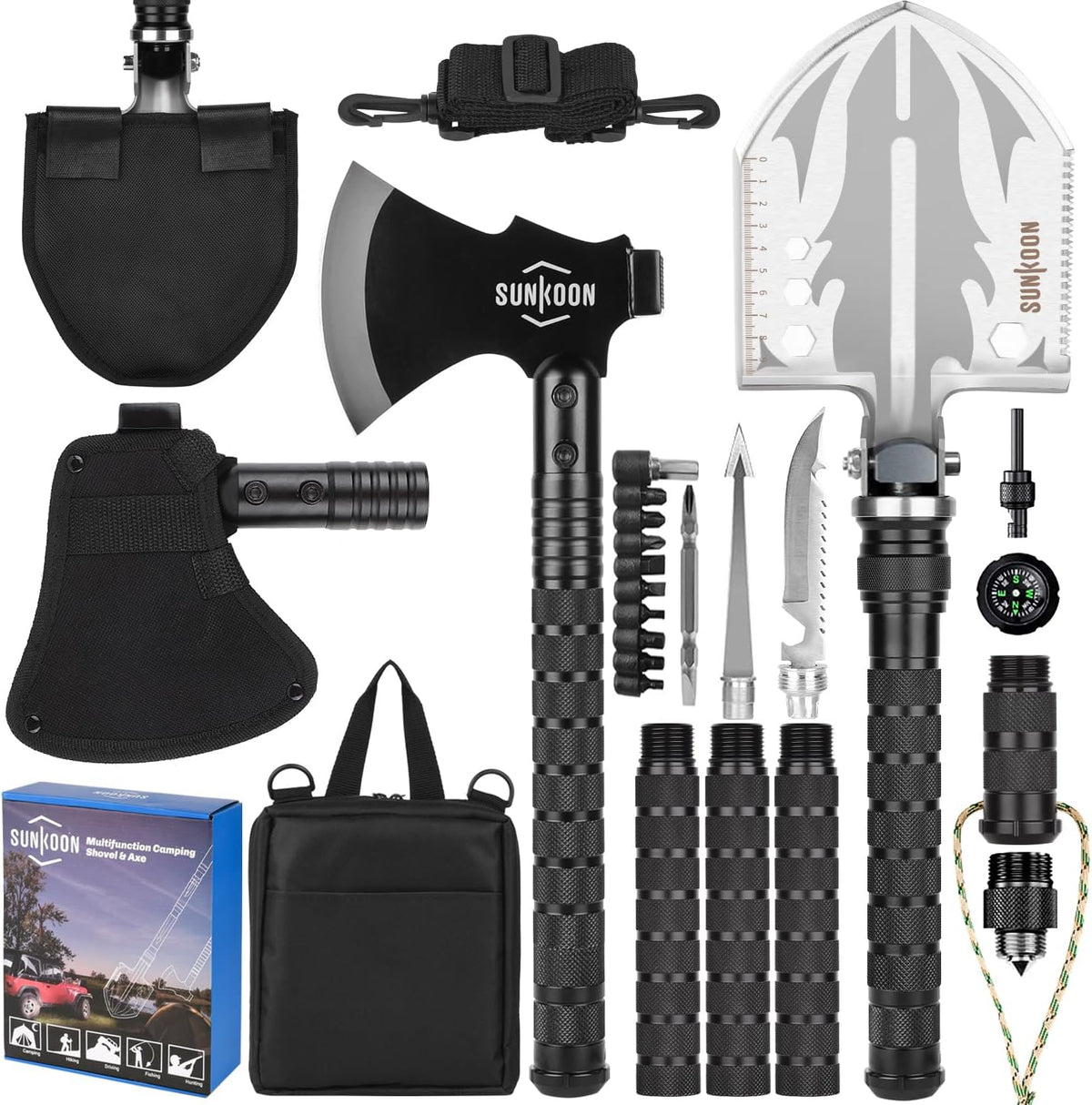 Survival Shovel Survival Axe, Camping Folding Shovels Hatchet with 19.2-37.8Inch Lengthened Handle Enlarged Shovelhead High Carbon Steel with Storage Pouch for Camping Cycling Hiking