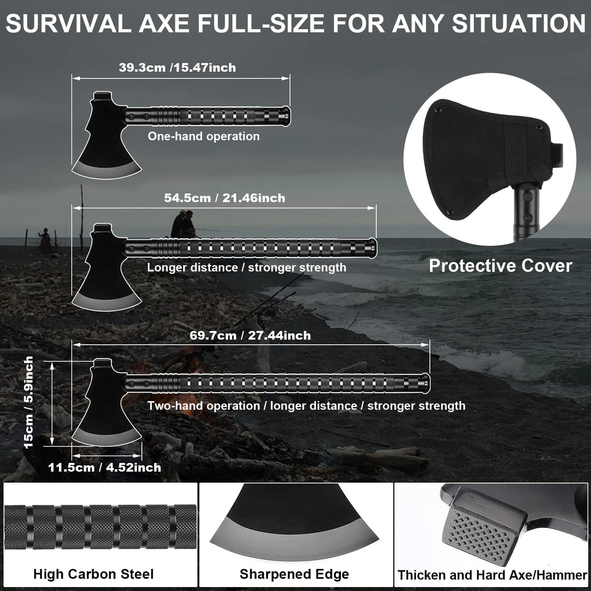 Survival Shovel Survival Axe, Camping Folding Shovels Hatchet with 19.2-37.8Inch Lengthened Handle Enlarged Shovelhead High Carbon Steel with Storage Pouch for Camping Cycling Hiking