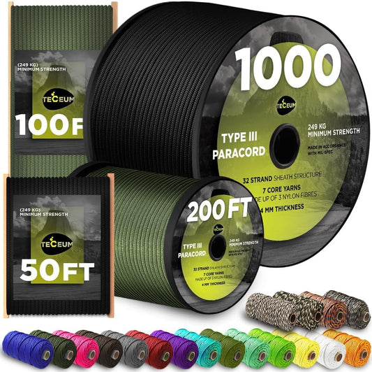 5/32" Paracord Rope 1000 – 1000Ft / 200Ft / 100Ft / 50Ft – Tactical Parachute Cord 4Mm – 45+ Colors – Nylon String for Survival & Camping Gear – Stripe Cord for Survival – Utility Rope