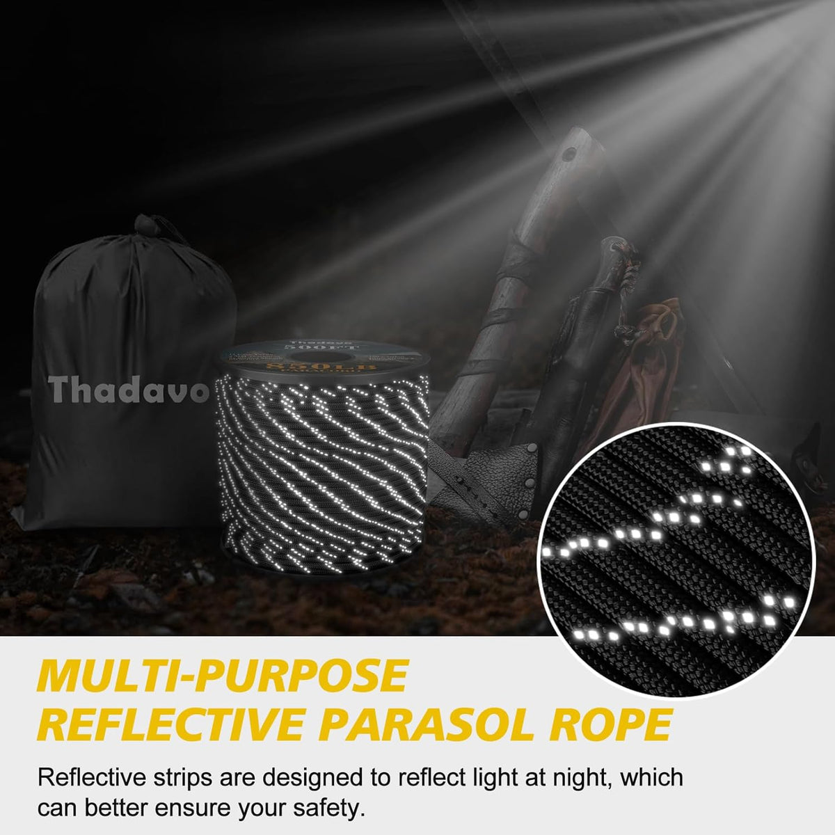 Reflective Paracord Rope 850Ib, 50/100/200/500/1000Ft 4MM 11 Strand Para Cords Lanyard Utility Parachute Cord for Tent Camping Hiking Survival Tactical Clothesline DIY Projects, Black 100FT