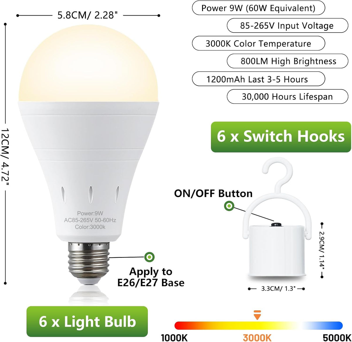 6 Pack Rechargeable Emergency Light Bulbs, Battery Powered LED Light Bulb 3000K Warm E26 120 Volt 9W 60W Equivalent with 1200Mah for Home Power Outage Camping Hurricane
