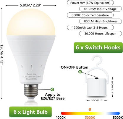 6 Pack Rechargeable Emergency Light Bulbs, Battery Powered LED Light Bulb 3000K Warm E26 120 Volt 9W 60W Equivalent with 1200Mah for Home Power Outage Camping Hurricane