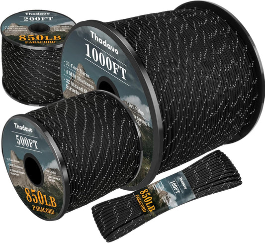 Reflective Paracord Rope 850Ib, 50/100/200/500/1000Ft 4MM 11 Strand Para Cords Lanyard Utility Parachute Cord for Tent Camping Hiking Survival Tactical Clothesline DIY Projects, Black 100FT