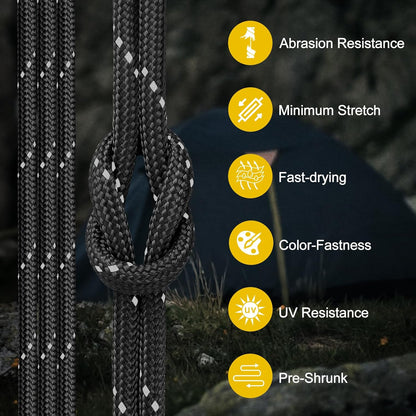 Reflective Paracord Rope 850Ib, 50/100/200/500/1000Ft 4MM 11 Strand Para Cords Lanyard Utility Parachute Cord for Tent Camping Hiking Survival Tactical Clothesline DIY Projects, Black 100FT