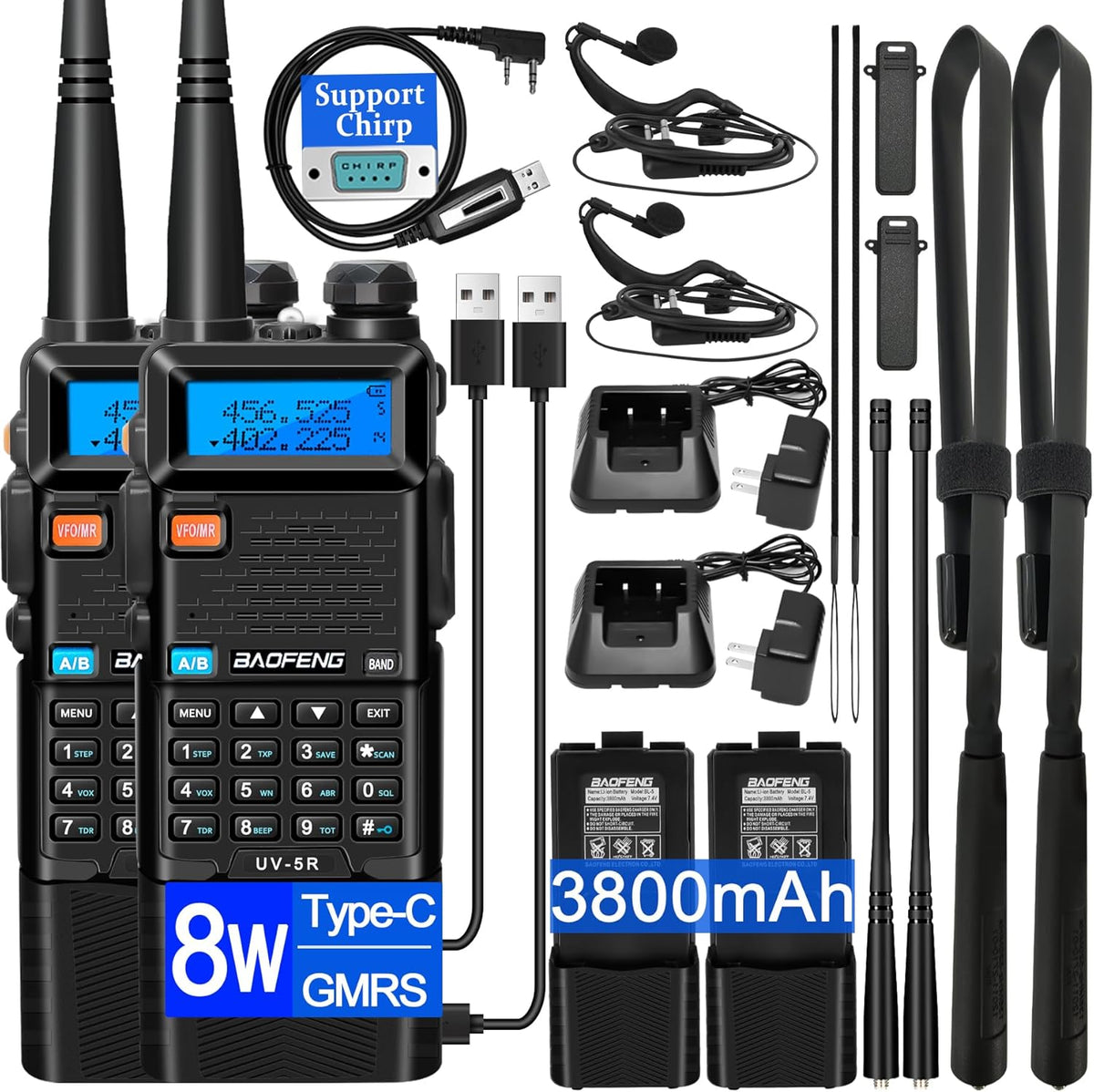 Unleash Your Communication Power with the UV-5R Ham Radio: Long Range 8W Walkie Talkies with 3800mAh Rechargeable Batteries, Tactical Antenna, and Earpiece - Perfect for Outdoor Adventures and Emergency Preparedness (2 Pack)