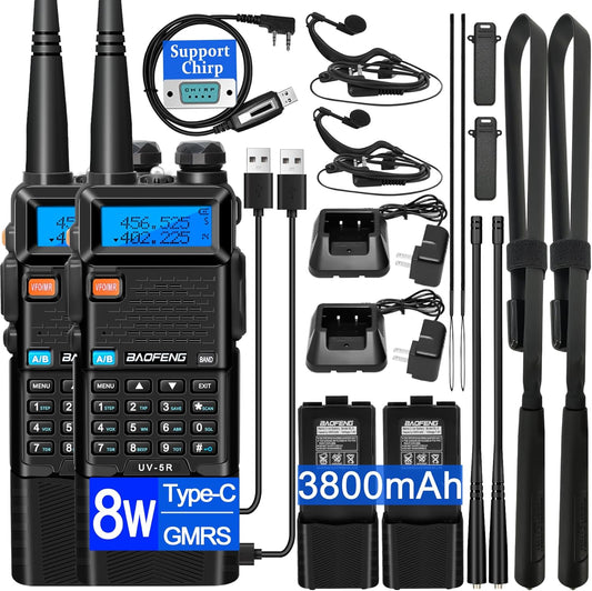 Unleash Your Communication Power with the UV-5R Ham Radio: Long Range 8W Walkie Talkies with 3800mAh Rechargeable Batteries, Tactical Antenna, and Earpiece - Perfect for Outdoor Adventures and Emergency Preparedness (2 Pack)