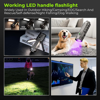 HD02 Flat LED Flashlight, Magnetic Deformation, 3200 Lumens, 5000 Mah Rechargeable, 3000K-6500K, Four-Light Sources, Folding Wing Lighting/Spotlight/Uv Light/Green Light/Magnetictail,Ipx6