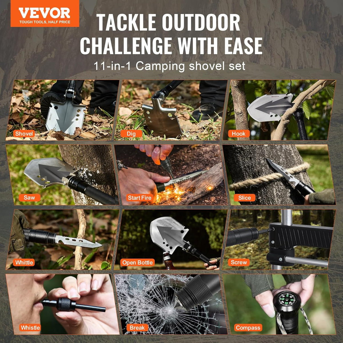 All-in-One Survival Shovel: 11-in-1 Camping Multitool Kit for Ultimate Outdoor Adventures