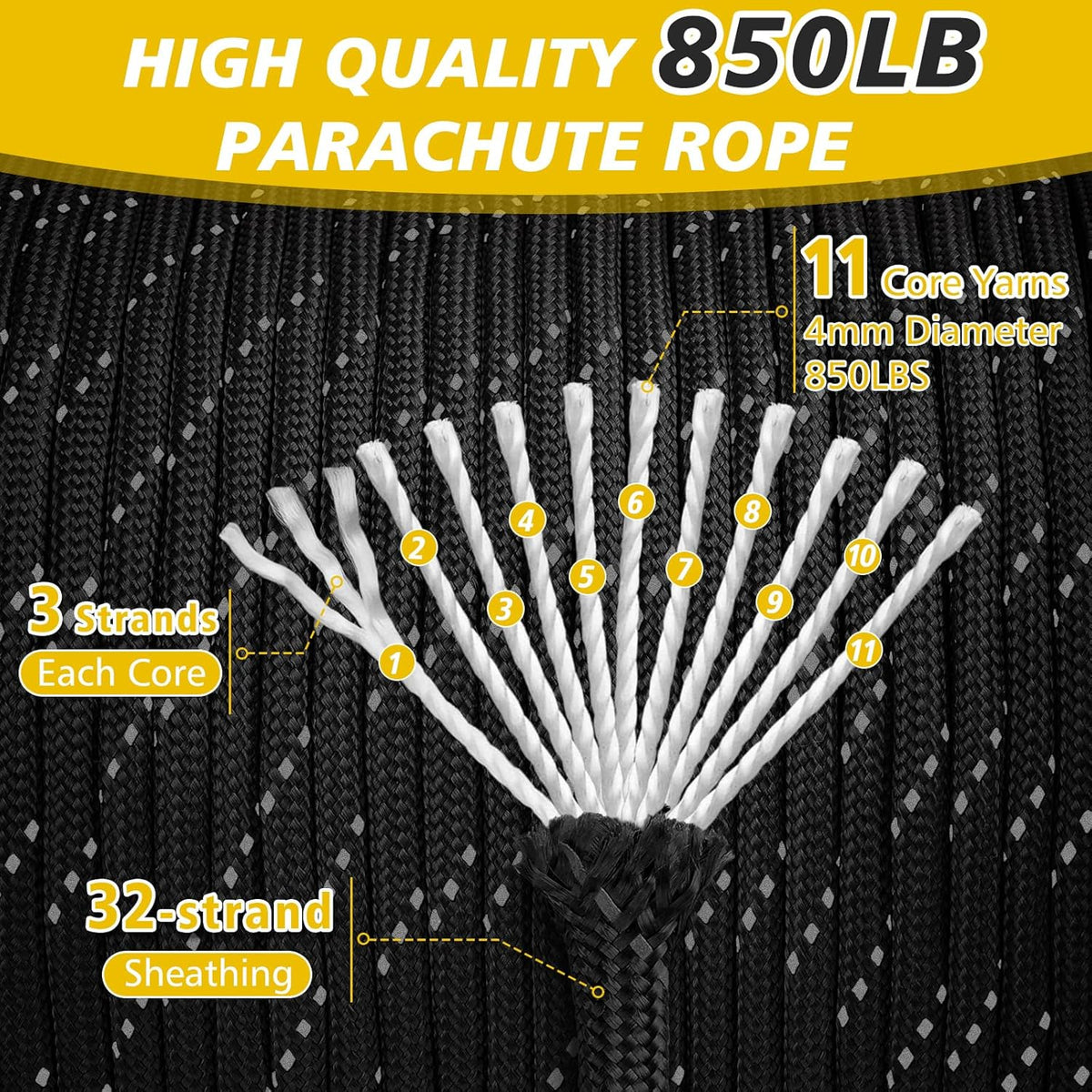 Reflective Paracord Rope 850Ib, 50/100/200/500/1000Ft 4MM 11 Strand Para Cords Lanyard Utility Parachute Cord for Tent Camping Hiking Survival Tactical Clothesline DIY Projects, Black 100FT