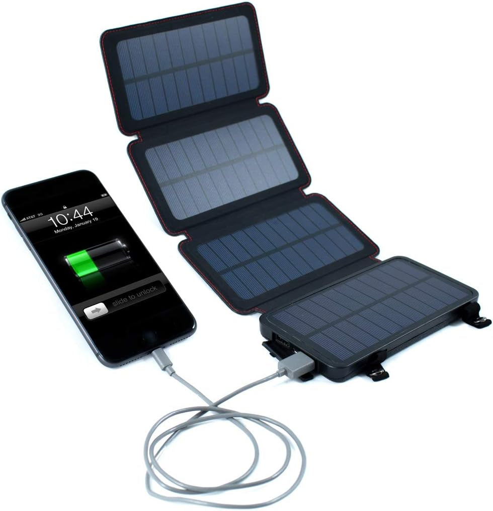 Quadrapro Solar Charger Power Bank - 5.5W 4-Panel Portable Wireless Phone Charger - Compatible with Iphone, Android, 2 USB Port, Flashlight, Magnetic Case, Hanging Loops - Battery Backup