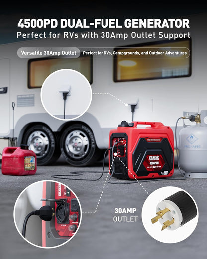 4500W Dual-Fuel Portable Inverter Generator for Home Use, Camping Outdoor, 30A RV Ready, Auto Switch, Gas and Propane Powered, EPA, CO Sensor, Parallel Ready, Campact Design