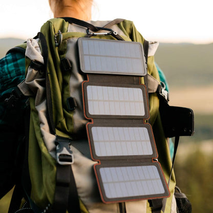 Quadrapro Solar Charger Power Bank - 5.5W 4-Panel Portable Wireless Phone Charger - Compatible with Iphone, Android, 2 USB Port, Flashlight, Magnetic Case, Hanging Loops - Battery Backup