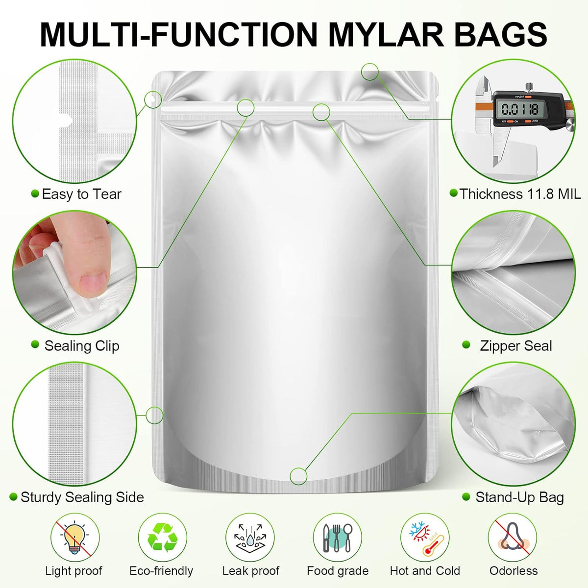 100PCS Mylar Bags with 400Cc Oxygen Absorbers, 11.8 Mil Thicker Long Term Food Storage Bag, 1 Gallon 10X14 6X9 4X6 Stand-Up Zipper Resealable Heat Sealable for Airtight Smell Proof Packaging