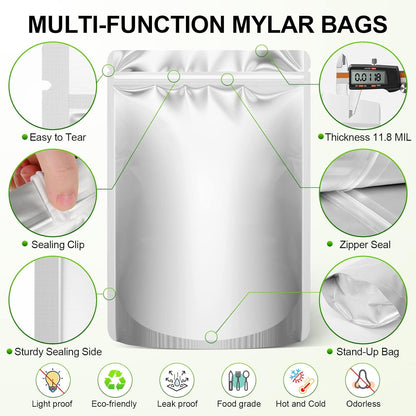 100PCS Mylar Bags with 400Cc Oxygen Absorbers, 11.8 Mil Thicker Long Term Food Storage Bag, 1 Gallon 10X14 6X9 4X6 Stand-Up Zipper Resealable Heat Sealable for Airtight Smell Proof Packaging