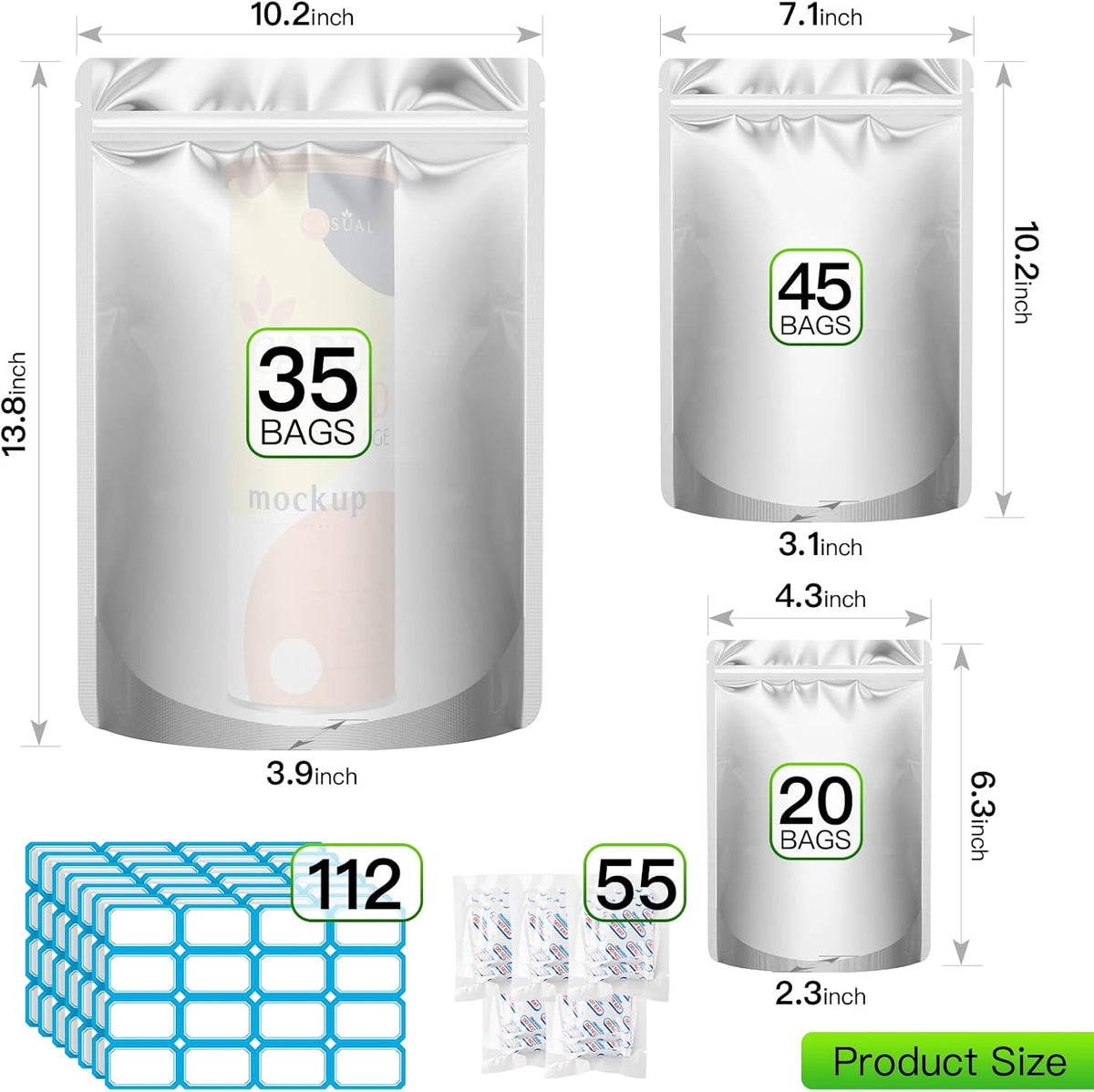 100PCS Mylar Bags with 400Cc Oxygen Absorbers, 11.8 Mil Thicker Long Term Food Storage Bag, 1 Gallon 10X14 6X9 4X6 Stand-Up Zipper Resealable Heat Sealable for Airtight Smell Proof Packaging