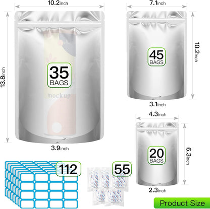 100PCS Mylar Bags with 400Cc Oxygen Absorbers, 11.8 Mil Thicker Long Term Food Storage Bag, 1 Gallon 10X14 6X9 4X6 Stand-Up Zipper Resealable Heat Sealable for Airtight Smell Proof Packaging
