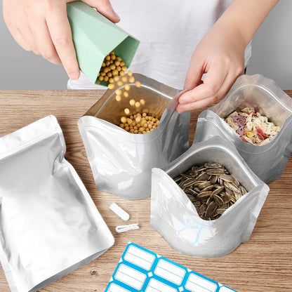 100PCS Mylar Bags with 400Cc Oxygen Absorbers, 11.8 Mil Thicker Long Term Food Storage Bag, 1 Gallon 10X14 6X9 4X6 Stand-Up Zipper Resealable Heat Sealable for Airtight Smell Proof Packaging