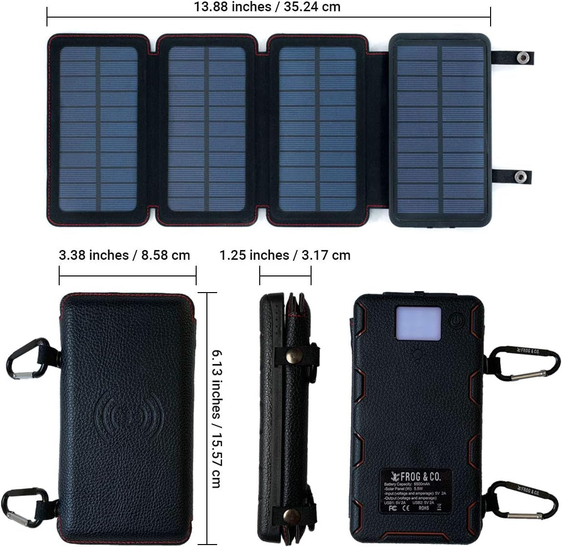 Quadrapro Solar Charger Power Bank - 5.5W 4-Panel Portable Wireless Phone Charger - Compatible with Iphone, Android, 2 USB Port, Flashlight, Magnetic Case, Hanging Loops - Battery Backup