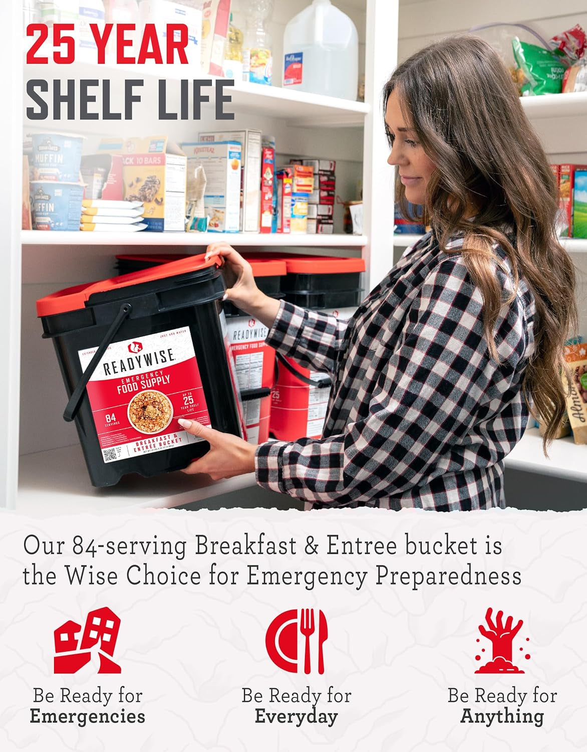 Emergency Food Supply - 84 Servings Breakfast & Entrée Bucket, Protein Meals, Dehydrated & Freeze Dried Food for Backpacking, Camping Essentials & Prepping Supplies, up to 25 Year Shelf Life