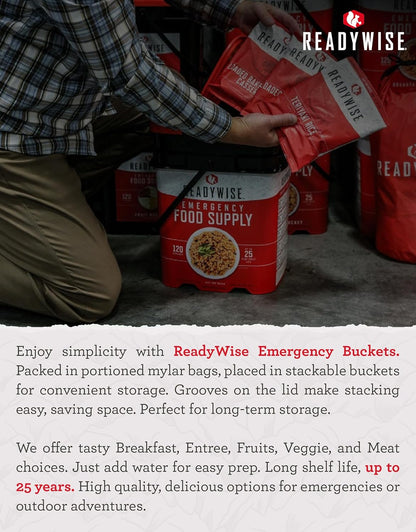 Emergency Food Supply - 84 Servings Breakfast & Entrée Bucket, Protein Meals, Dehydrated & Freeze Dried Food for Backpacking, Camping Essentials & Prepping Supplies, up to 25 Year Shelf Life