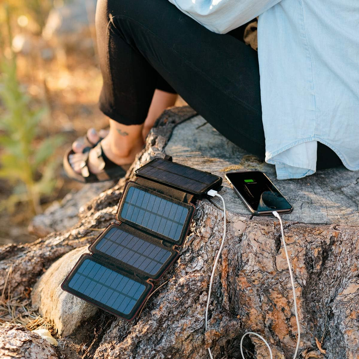 Quadrapro Solar Charger Power Bank - 5.5W 4-Panel Portable Wireless Phone Charger - Compatible with Iphone, Android, 2 USB Port, Flashlight, Magnetic Case, Hanging Loops - Battery Backup